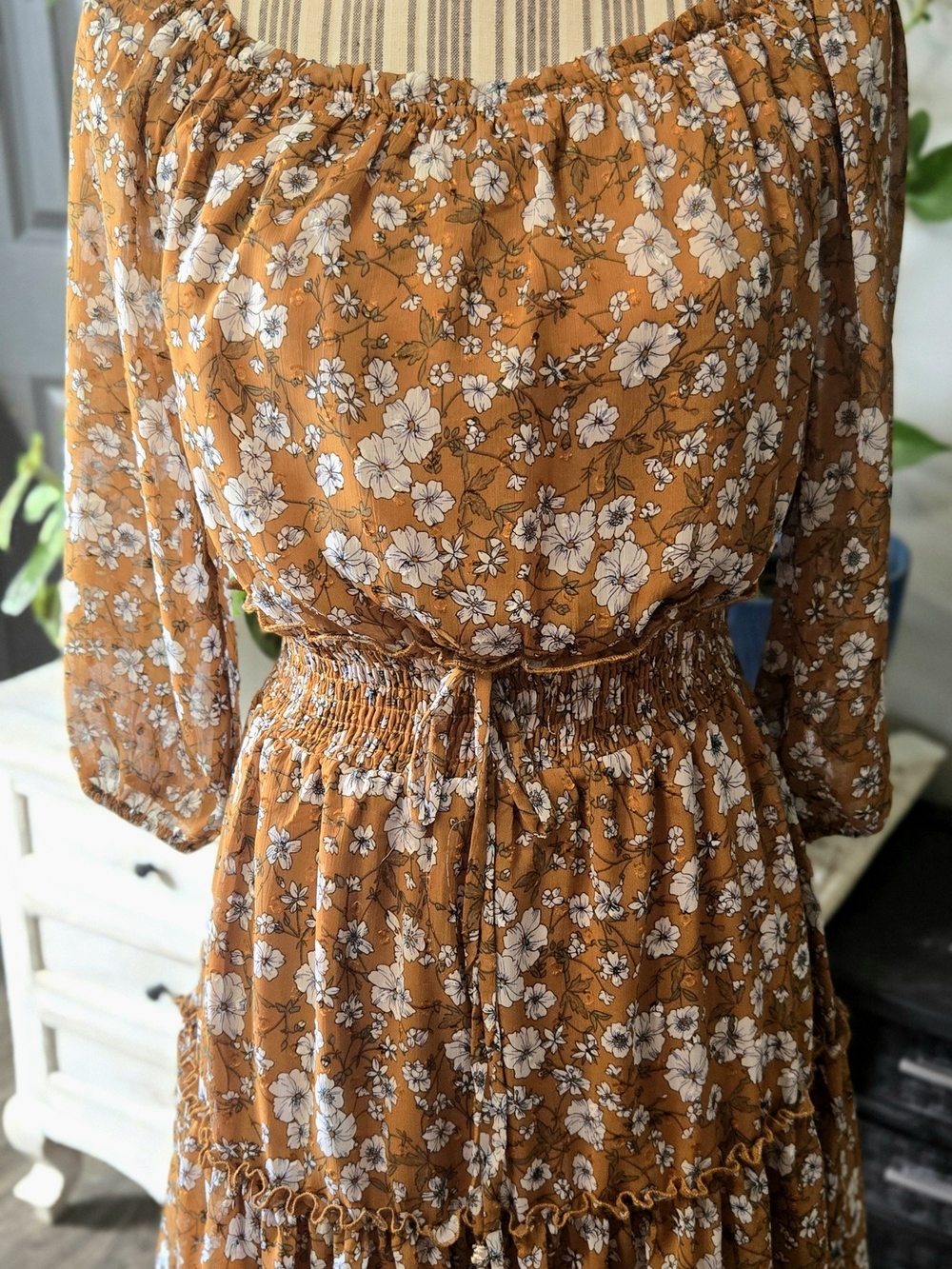 Rust Floral Off-Shoulder Long-Sleeve Maxi Dress
